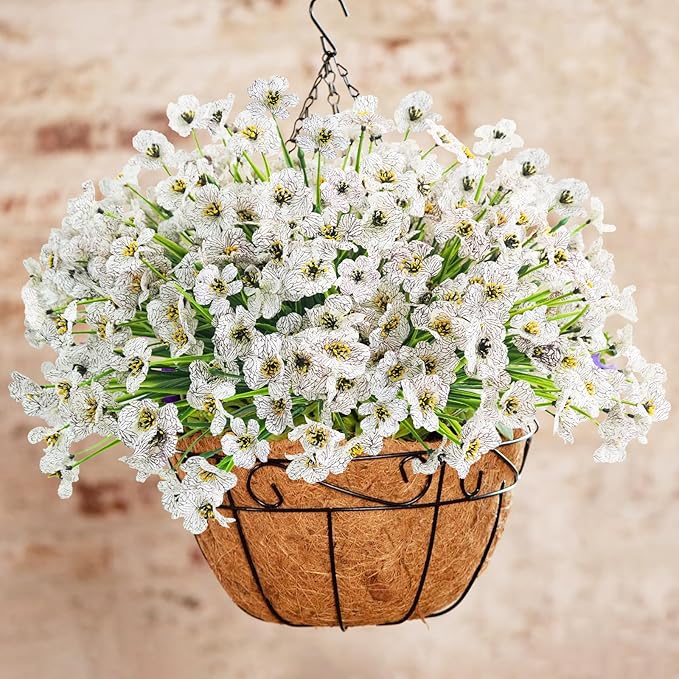 Uieke 16 Bundles Outdoor Artificial Flowers UV Resistant Fake Flowers No Fade Faux Plastic Plants for Garden Porch Window Box Home Outside Hanging Planter Spring Summer Décor (White)
