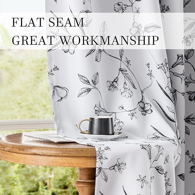 ChrisDowa 100% Blackout Floral Curtains 63 Inches Long 2 Panels for Bedroom Living Room Black Flower Patterned Room Darkening Thermal Insulated Soundproof Grommet Window Treatments Drapes,52X63