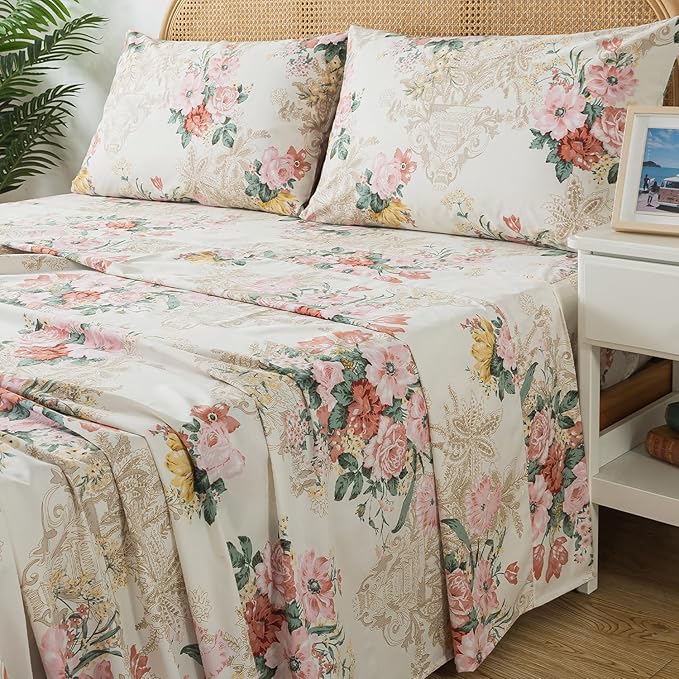 Zusbest Full Floral Bed Sheets, Soft 100% Cotton Pink & Cream Sheets, Shabby Vintage Chic Peony Flower Printed Paisley Bed Set, Breathable Luxury Bedding 4 Piece Deep Pocket 17.5‘’