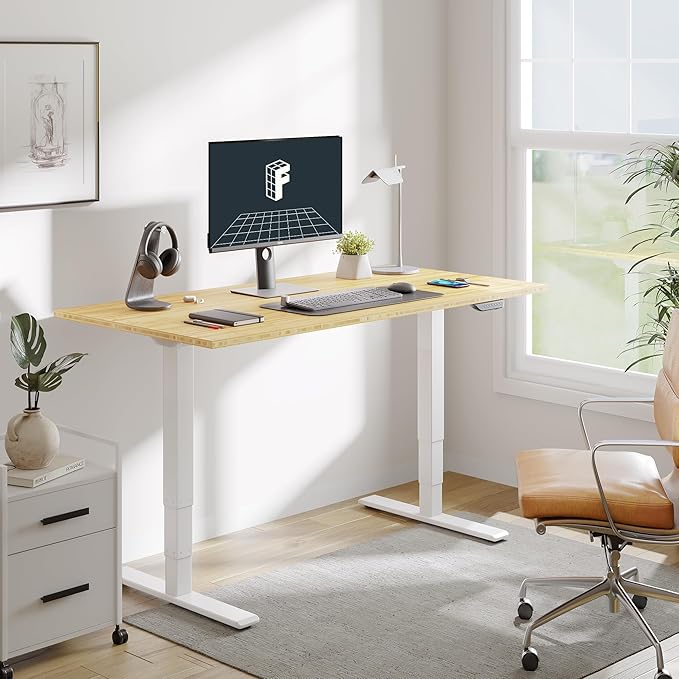 FLEXISPOT E6 MAX Bamboo Dual Motor 3 Stages Standing Desk 60x30 Inch Whole-Piece Board Electric Height Adjustable Stand Up Desk 150KG Load Capacity(White Frame + Bamboo Desktop)