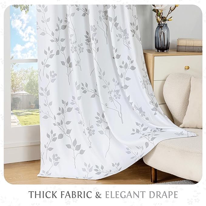 Beauoop Floral 100% Blackout Curtains 63 Inch Length 2 Panels for Bedroom Living Room Grey White Flower Patterned Room Darkening Thermal Insulated Soundproof Rod Pocket Back Tab Window Drapes, 52X63