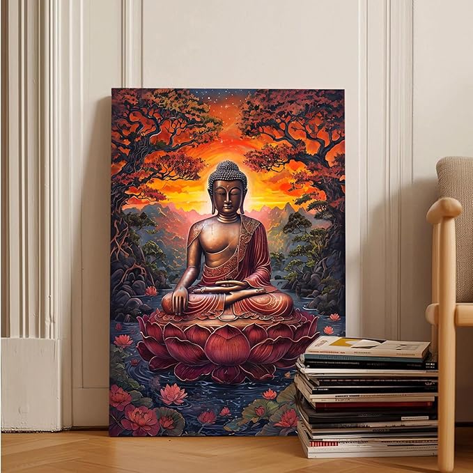 Golden Buddha on lotus seat serene meditation statue amidst lush trees flowing water and sunrise light spiritual home art for a tranquil decor 20x30in Frameless