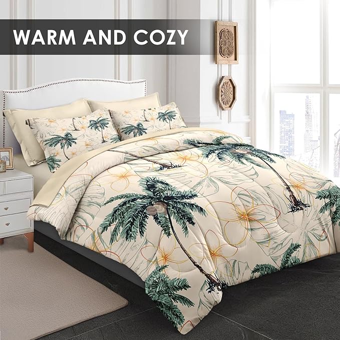 Comforter Set Queen Size, Tropical Botanical Palm Summer 7 Pcs Bedding for Kids and Adults, Hawaiian Coconut Tree Bed Sheet Sets with Fitted Sheet 2 Pillowcase & 2 Sham for Bedroom Bed Decor