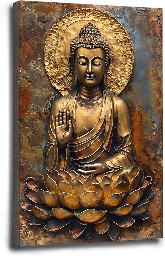 Buddha Wall Art Golden Buddha in Lotus Seat Serene spiritual statue radiant aura Meditation and mindfulness wall art suitable for sacred spaces 24x36in Wood Framed