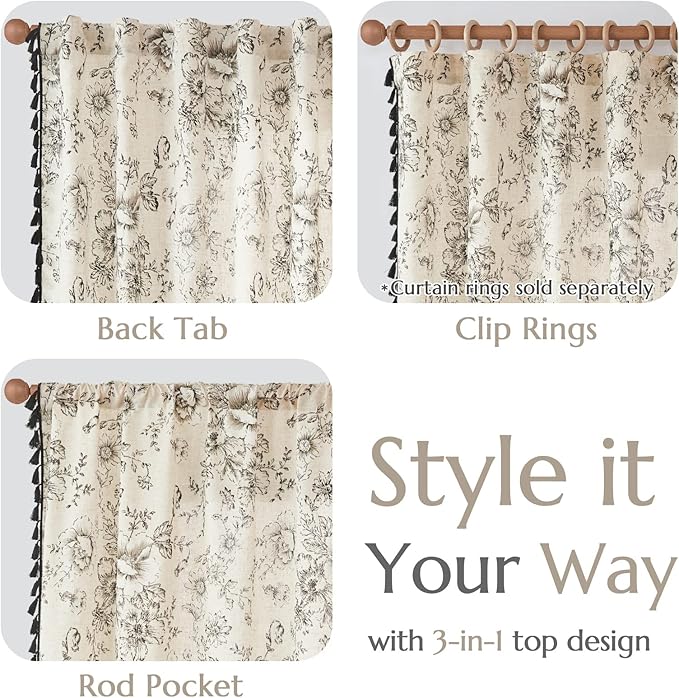 JINCHAN Linen Blend Floral Curtains for Living Room & Bedroom - 63 Inch Length Printed Curtains with Tassels & Rod Pocket - Farmhouse Rustic Peony Flower Patterned Drapes - Set of 2 Panels