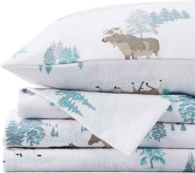 Market & Place 100% Turkish Cotton Flannel Sheet Set | 4 Piece Deep Pocket Novelty Cozy Winter Bed Sheets | Double Brushed for Extra Softness & Comfort | Alpine Collection (King, Moose)