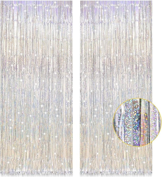 2 Pack 3.2ft x 8.2ft Silver Metallic Tinsel Foil Fringe Curtains, Door Streamer Photo Booth Backdrop for Birthday Graduation Engagement Bridal Shower Bachelorette Baby Shower Party Decorations