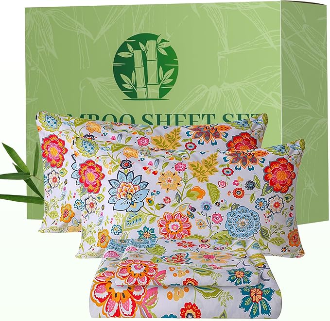 Bedlifes Extra Deep Pocket 18-24" Queen 4-Piece Sheet Set - Cooling Sheets Blend Rayon Derived from Bamboo Soft & Breathable Floral Spring Design