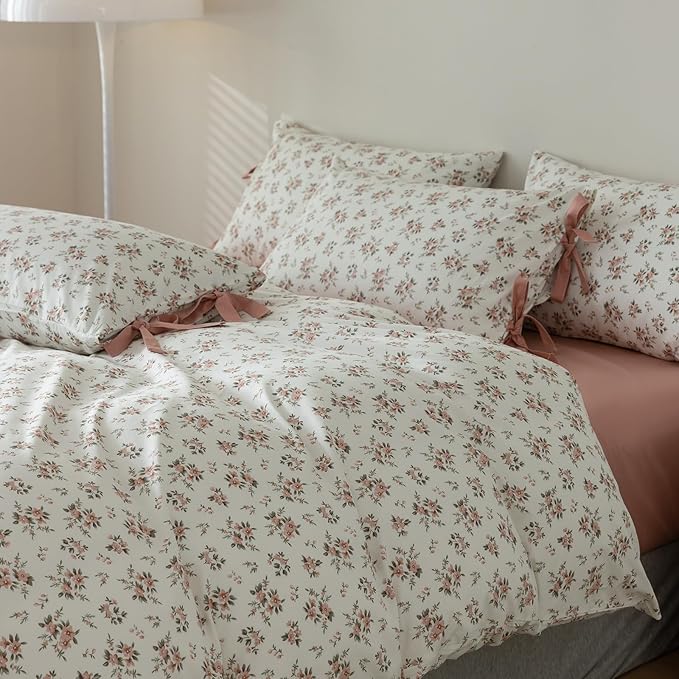 EAVD Vintage Style Garden Pink Floral Duvet Cover Twin XL White Soft Cotton Chic Shabby Pink Floral Bedding Set with 2 Pillowcases Reversible Fresh Botanical Duvet Cover with Zipper Closure