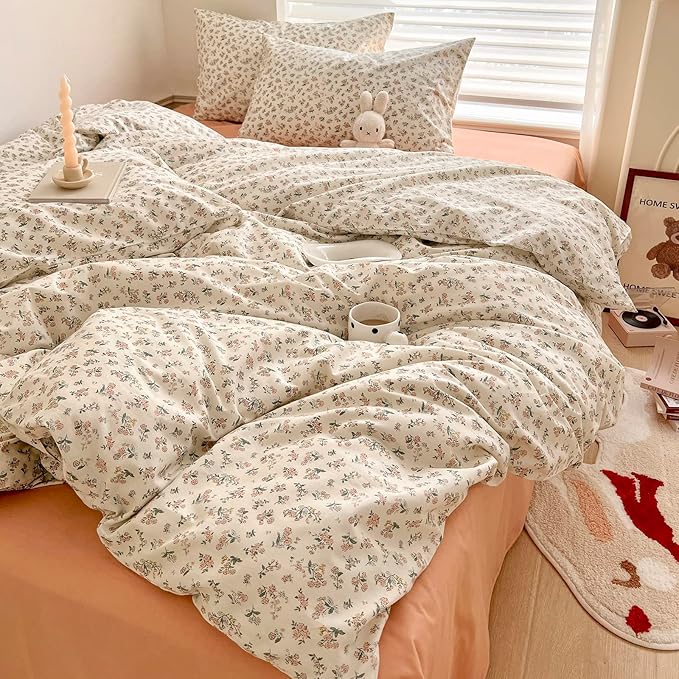 HighBuy Boho Floral Duvet Cover Full White Cotton Coquette Comforter Quilt Duvet Covers with Pink Floral,Garden Floral Bedding Set Full Lightweight Soft Cottagecore Duvet Cover Sets Cute