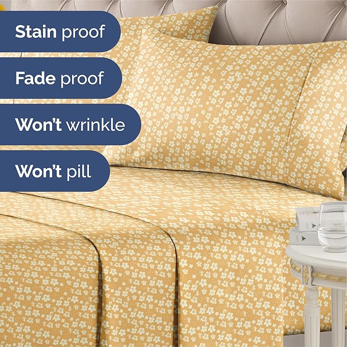 Floral Sheets - Yellow Floral Bed Sheet Set - 1 Flat, 1 Fitted & 2 Pillowcases w/ Deep Pockets - Wrinkle & Fade Free - Boho Botanical Bedding - Ultra-Soft, Breathable and Cooling - Cal King Size Set