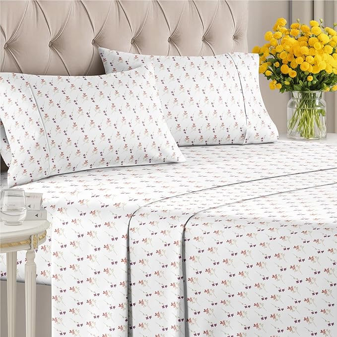 Floral Sheets - Pink & Purple Floral Bed Sheet Set - 1 Flat, 1 Fitted & 2 Pillowcases w/ Deep Pockets - Wrinkle & Fade Free - Boho Botanical Bedding - Ultra-Soft, Breathable a&Cooling - King Size Set