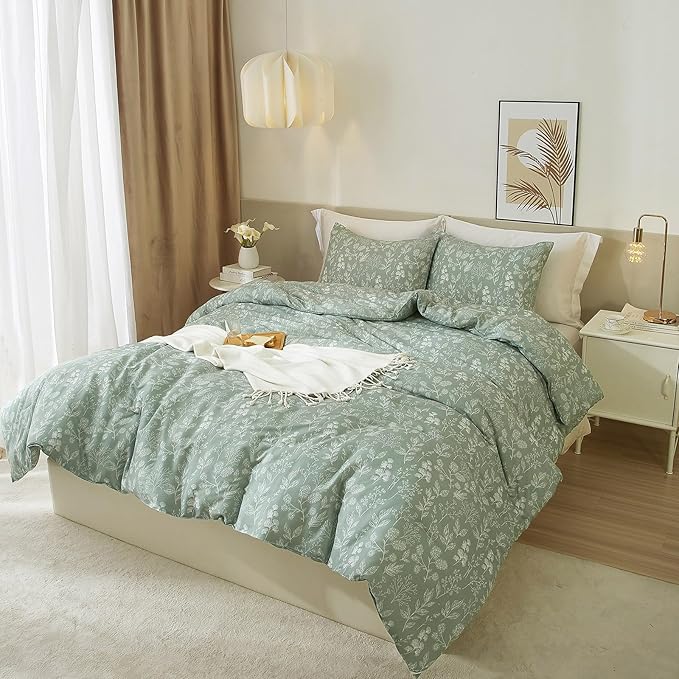 EAVD Girls Floral Duvet Cover Twin Sage Green Soft Cotton Chic Shabby Garden Floral Leaves Botanical Bedding Set with 2 Pillowcases Fresh Reversible Botanical Duvet Cover with Zipper Closure