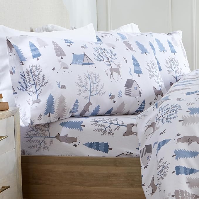 Market & Place 100% Turkish Cotton Flannel Sheet Set | 4 Piece Deep Pocket Novelty Cozy Winter Bed Sheets | Double Brushed for Extra Softness & Comfort | Alpine Collection (Queen, Winter Wildlife)