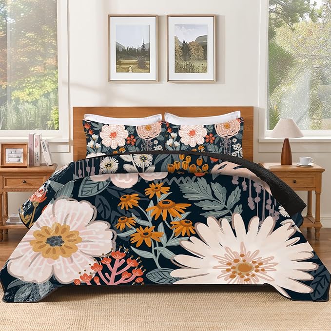 Andency Floral Boho Quilt King Size Bedding Set Dark, 3 Pieces Farmhouse Flower Botanical Summer Bedspreads with 2 Shams, Soft Reversible Lightweight Microfiber Coverlet Set for All Season, 106"x96"