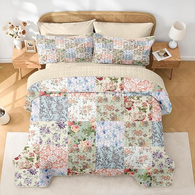 Quilt Set Full/Queen Size, Vintage Patchwork Floral 3 Pcs Soft Bed Cover Bedding Set, Boho Mid Century Lightweight Bedspread Coverlet with 2 Pillow Sham for All Season