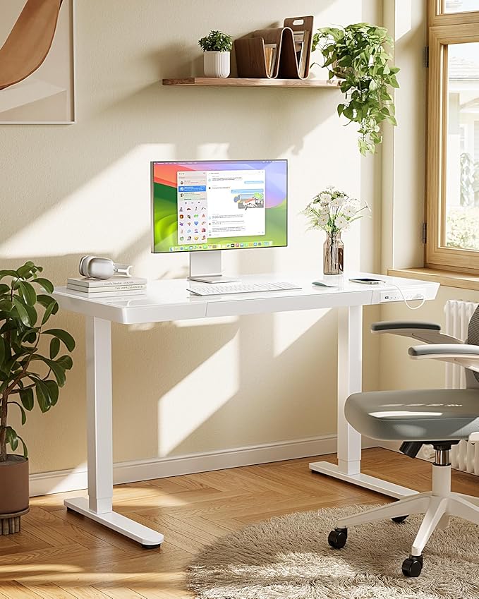 Marsail Glass Standing Desk with Drawer, 48 x 24 inch Electric Standing Desk, Height Adjustable Desk with One-Piece Tabletop & USB Charging Ports, Sit Stand Desk with Storage for Home & Office White