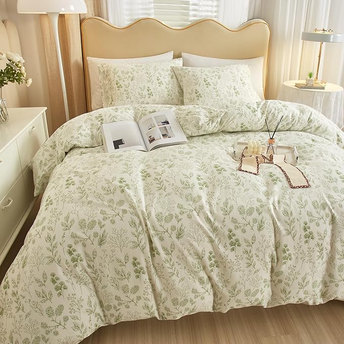 HighBuy 3 Pieces Duvet Cover Queen White Duvet Cover with Green Floral Print,Coquette Soft Cotton Comforter Cover Boho Style,Aesthetic Queen Bedding Set with Zipper Closure 4 Ties,All Season