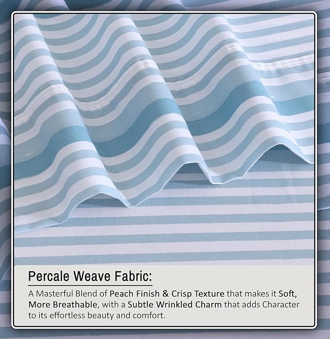 RUVANTI 100% Organic Cotton Sheets Full Size, Percale Weave, GOTS Certified, 4-Piece Set, Deep Pocket 15", Crisp & Breathable, Soft Durable Bedding, Sábanas Algodón Orgánico – Nautical Stripes