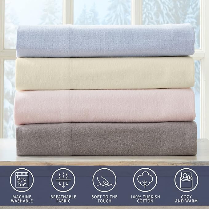 Market & Place 100% Turkish Cotton Flannel Sheet Set | 4 Piece Deep Pocket Solid Cozy Winter Bed Sheets | Double Brushed for Extra Softness & Comfort | Chalet Collection (Queen, Dark Grey)