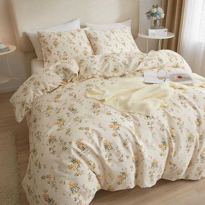 EAVD Yellow Floral Duvet Cover Queen Cotton Reversible Garden Floral Bedding Sets Full Aesthetic 1 Botanical Duvet Cover with 2 Pillowcases Chic Aesthetic Flower Bedding Sets for Girls Women