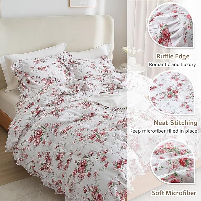 Ruffle Comforter Set Full Pink Red Floral Comforter Princess Lace Floral Bedding Set Soft Microfiber Botanical Bedding Comforter Set 1 Flower Ruffled Comforter with 2 Pillowcases for Teen Girls