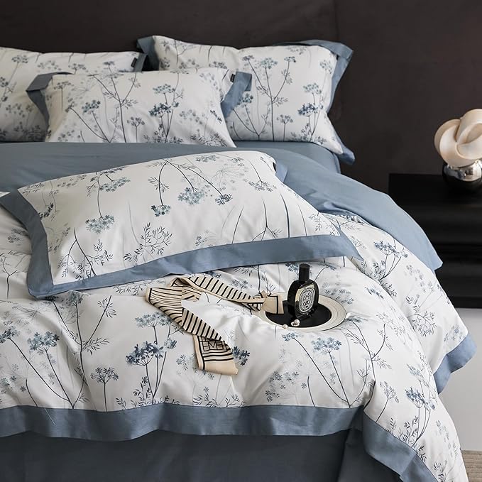 HighBuy Garden Blue Floral Duvet Cover Queen Floral Bedding Comforter Cover Queen Set Luxury Soft Boho Flowers Printed Cozy for Women Men Cottagecore Botanical Floral Bedding Sets Queen All Season