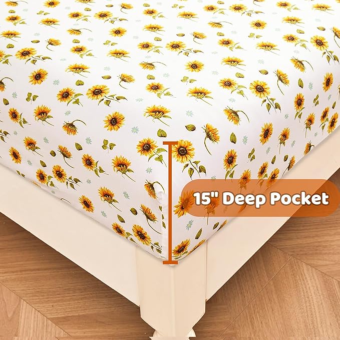 Softan Yellow Floral Sheet Set King, Sunflower Printed Bed Sheets King, Brushed Microfiber Fitted Sheet with 15" Deep Pocket & Non-Slip Straps, Yellow Flower Patterned Sheet & Pillowcase Sets