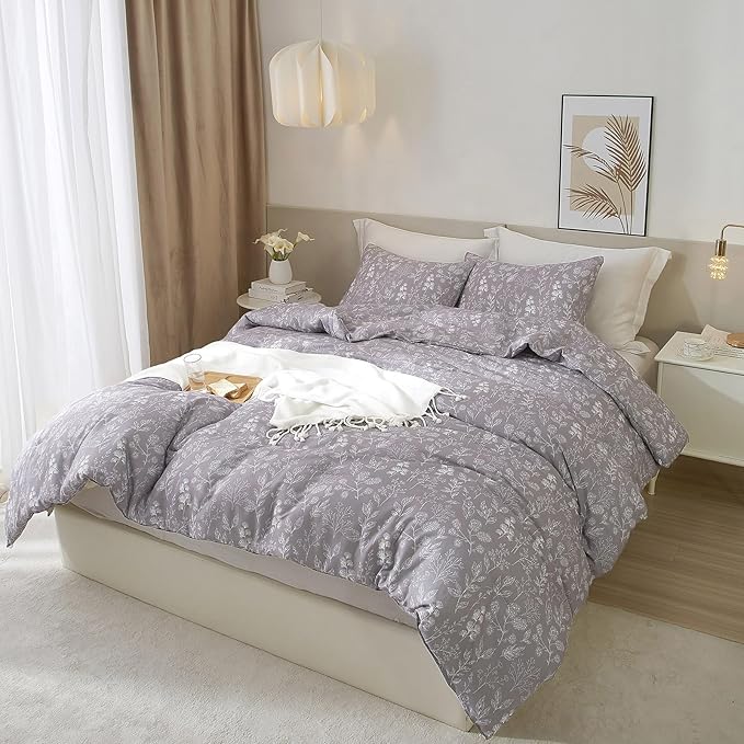 EAVD Garden Style Grey Floral Duvet Cover Twin XL Soft Cotton Chic Shabby Cute Floral Botanical Bedding Set with 2 Pillowcases Fresh Reversible Botanical Duvet Cover with Zipper Closure