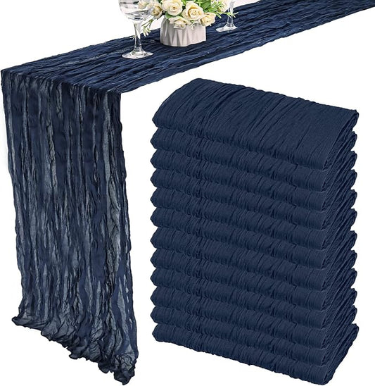 12 Pack 10Ft Cheesecloth Boho Gauze Table Runner - 35x120 Inch Rustic Cheese Cloth Long Table Runner for Wedding, Bridal Shower, Birthday Party Decor (Navy Blue)