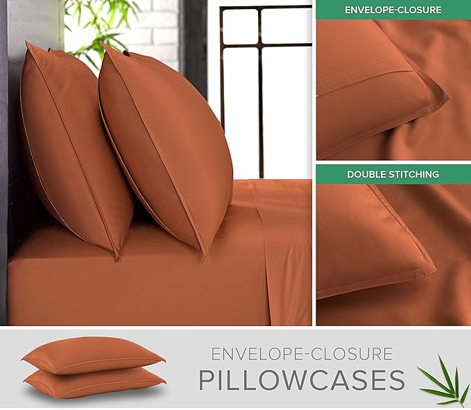 Pure Bamboo Queen Sheets, Genuine 100% Organic Viscose Derived from Bamboo Bed Sheet Set, Luxuriously Soft & Cooling, Double Stitching, 2 Year Quality Promise (Queen, Terracotta)