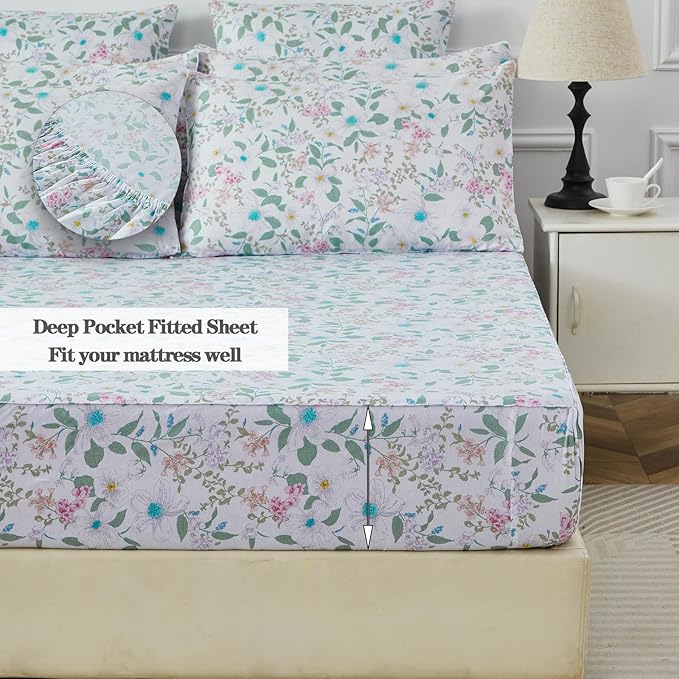 FADFAY Twin Extro Long Size Sheets Set 100% Cotton Vintage Floral Shabby Flowers & Leaves Pattern Farmhouse Bedding Set Deep Pocket Sheets with 2 Pillowcases Breathable Soft 4Pcs, Twin XL