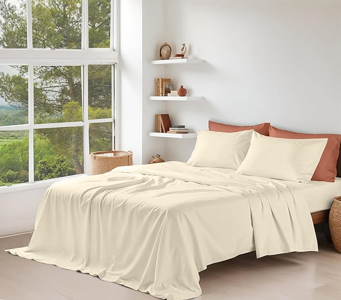 RUVANTI 100% Organic Cotton Sheets Queen Size, Percale Weave, GOTS Certified, 4-Piece Set, Deep Pocket 15", Crisp & Breathable, Soft Durable Bedding, Sábanas Algodón Orgánico – Cloud Cream