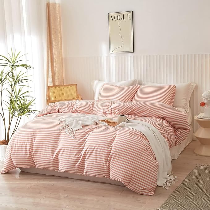 King Size Comforter Set Pink White Stripes Pattern Comforter Modern Striped Comforter Set Fluffy Lightweight 3 Pieces Bedding Comforter Farmhouse Stripes Boho Bed Comforter with 2 Pillowcases