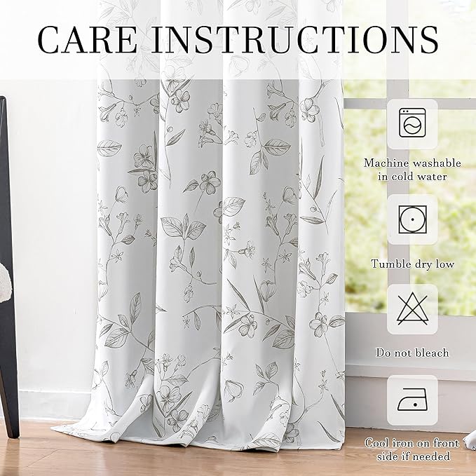 ChrisDowa 100% Blackout Floral Curtains 72 Inches Long 2 Panels for Bedroom Living Room Grey Flower Patterned Room Darkening Thermal Insulated Soundproof Grommet Window Treatments Drapes,52X72