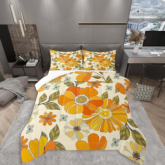 Castle Fairy Retro Flowers Comforter Set Twin Size,Watercolor Yellow Floral Green Leaves Plant Quilt Set for Kids Boys Bedroom Collection,70s Trippy Daisy Polyester Bedding with 1 Pillowcase,2Pcs