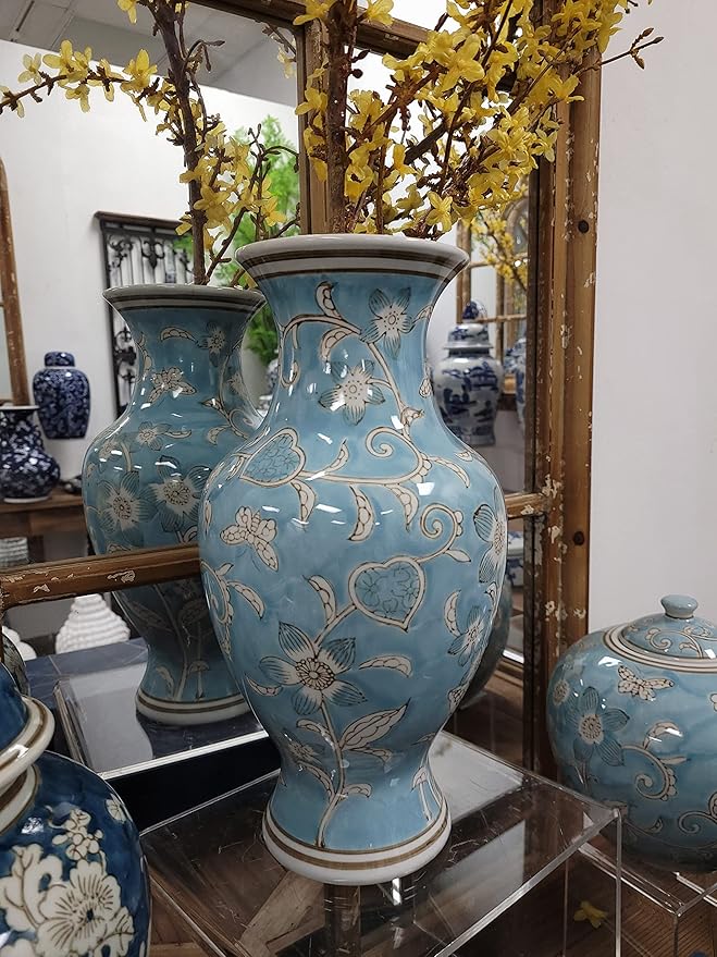 Galt International Light Blue and White Flower & Heart Chinoiserie Ceramic Vase 14"- Hand Painted Antique Style Porcelain Flower Bottle Fishtail Porcelain Chinese Vase for Home Decor Centerpiece