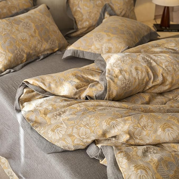EAVD Vintage Style Yellow Floral Duvet Cover Full Soft 100% Muslin Cotton Yarn-Dyed Jacquard Textured Bedding Set with 2 Pillowcases Linen Like Gauze Botanical Duvet Cover with Zipper Closure