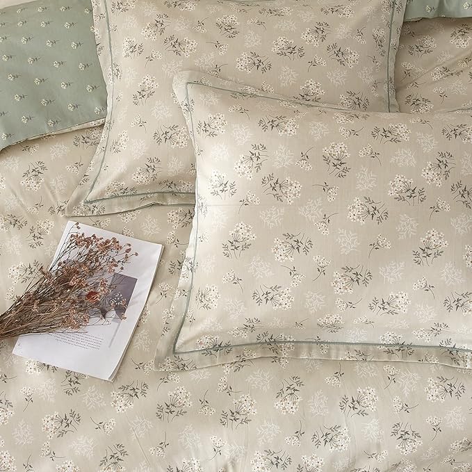 EAVD Boho Floral Duvet Cover Queen Soft 100% Cotton Garden Green Floral Bedding Set for Girls Women with 2 Pilowcases Reversible Floral Botanical Duvet Cover with Zipper Closure