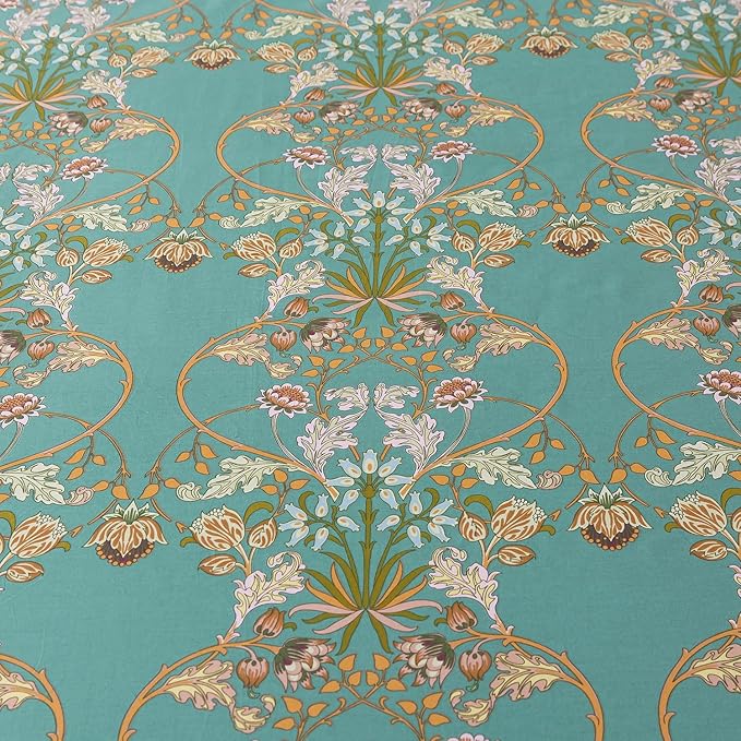 Zusbest Teal Floral Sheets Boho Queen Bed Sheets Set 100% Cotton Percale Shabby Vintage Blue Orange American Style Bedding Luxury Soft Breathable Crisp Bed Deep Pocket Fitted Sheet 4 Piece