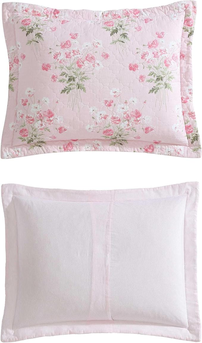 Laura Ashley - Twin Quilt Set, Reversible Cotton Bedding with Matching Sham, Medium-Weight for Year Round Use, Dorm Essentials, Coquette Room Decor (Veronicas Bouquet Pink)