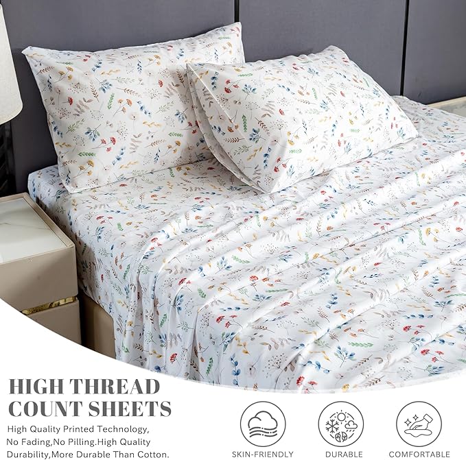 Bedlifes King Sheet Set Ultra Soft, Breathable, Silky Flower Deep Pocket 100% Microfiber Bedding, 4 Piece King Size White Floral