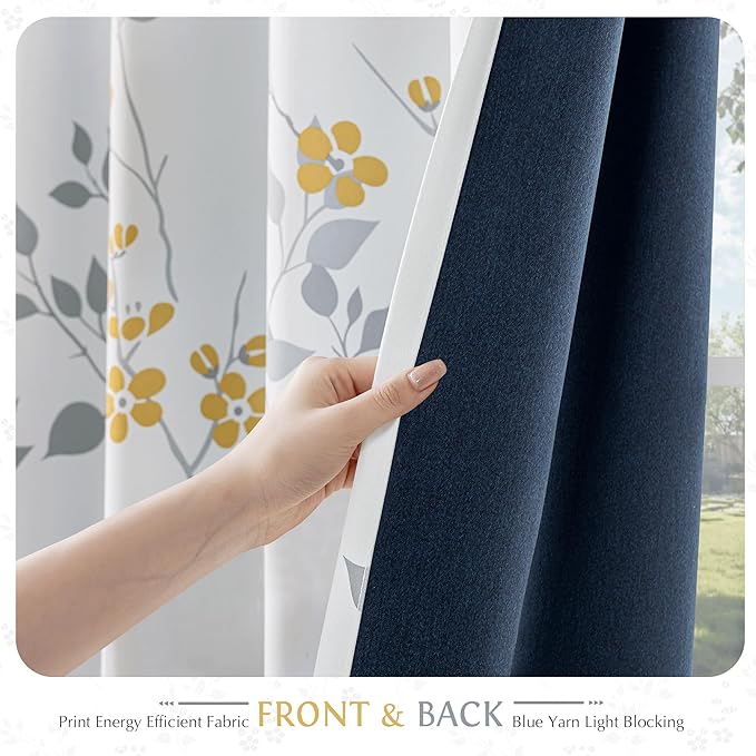 Beauoop Floral 100% Blackout Curtains 84 Inches Long 2 Panels for Bedroom Living Room Yellow Grey and White Flower Patterned Room Darkening Thermal Soundproof Grommet Window Treatments Drapes, 52X84