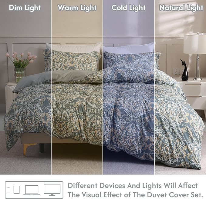 LONAVA Queen Paisley 3 Pcs Duvet Cover Set, Breathable Soft Microfiber Grey Lining Comforter Cover with Zipper Closure, and 2 Anti-Pilling, Fade Resistant Pillowcases, Green Pasliey