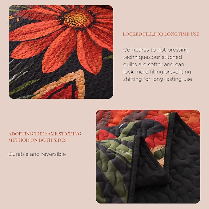 Andency Floral Boho Quilt King Size Bedding Set Black, 3 Pieces Farmhouse Flower Botanical Summer Bedspreads with 2 Shams, Soft Reversible Lightweight Microfiber Coverlet Set for All Season, 106"x96"