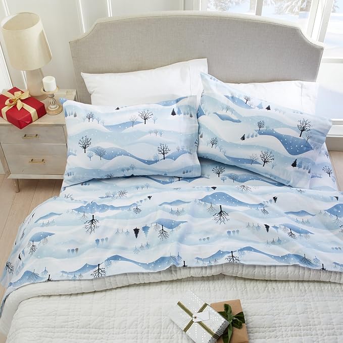 Market & Place 100% Cotton Full Flannel Sheet Set | 4 Piece Deep Pocket Novelty Cozy Winter Bed Sheets | Double Brushed for Extra Softness & Comfort | Alpine Collection (Full, Winter Landscape)