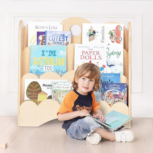 3-Tier Wooden Kids Bookshelf with Scalloped Front-Facing Shelves – Montessori-Inspired Floor Bookcase for Toddler Bedrooms, Playrooms, Nurseries & Classrooms