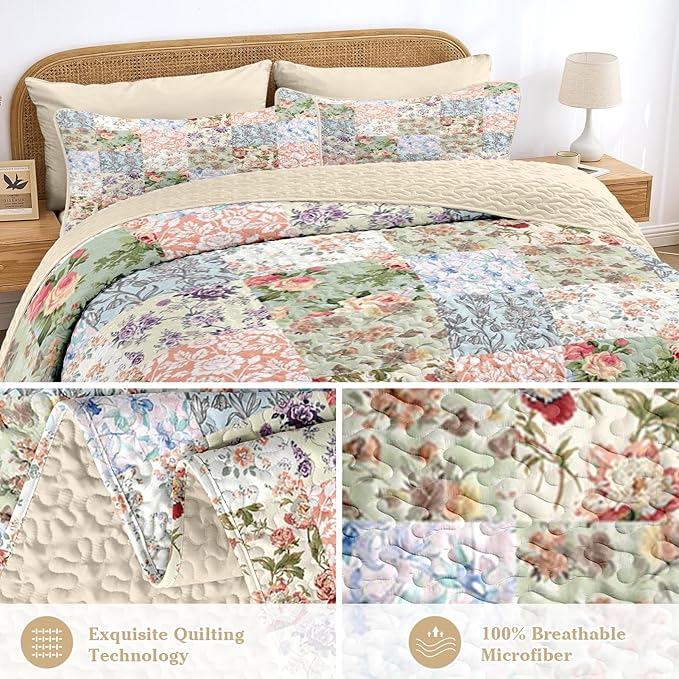 Quilt Set Full/Queen Size, Vintage Patchwork Floral 3 Pcs Soft Bed Cover Bedding Set, Boho Mid Century Lightweight Bedspread Coverlet with 2 Pillow Sham for All Season