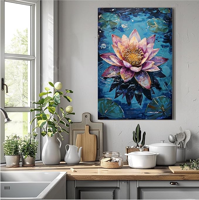 Gorgeous pink and purple water lilies on deep blue water Eye-catching oil painting Serene aquatic wall art for modern home decor 20x30in Frameless