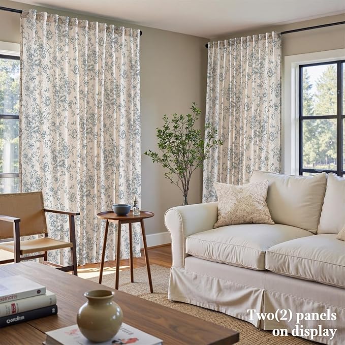 jinchan Linen Floral Curtains 100 Inch Extra Wide for Patio Sliding Glass Door Room Divider Curtain for Living Room 84 Inch Length Farmhouse Peony Blue Printed Curtain Set 1 Panel